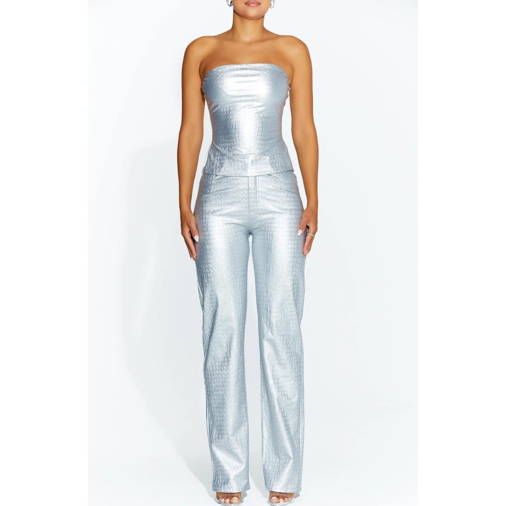 Naked Wardrobe Faux Leather Pants Silver Metallic Croc Embossed XS Straight Leg